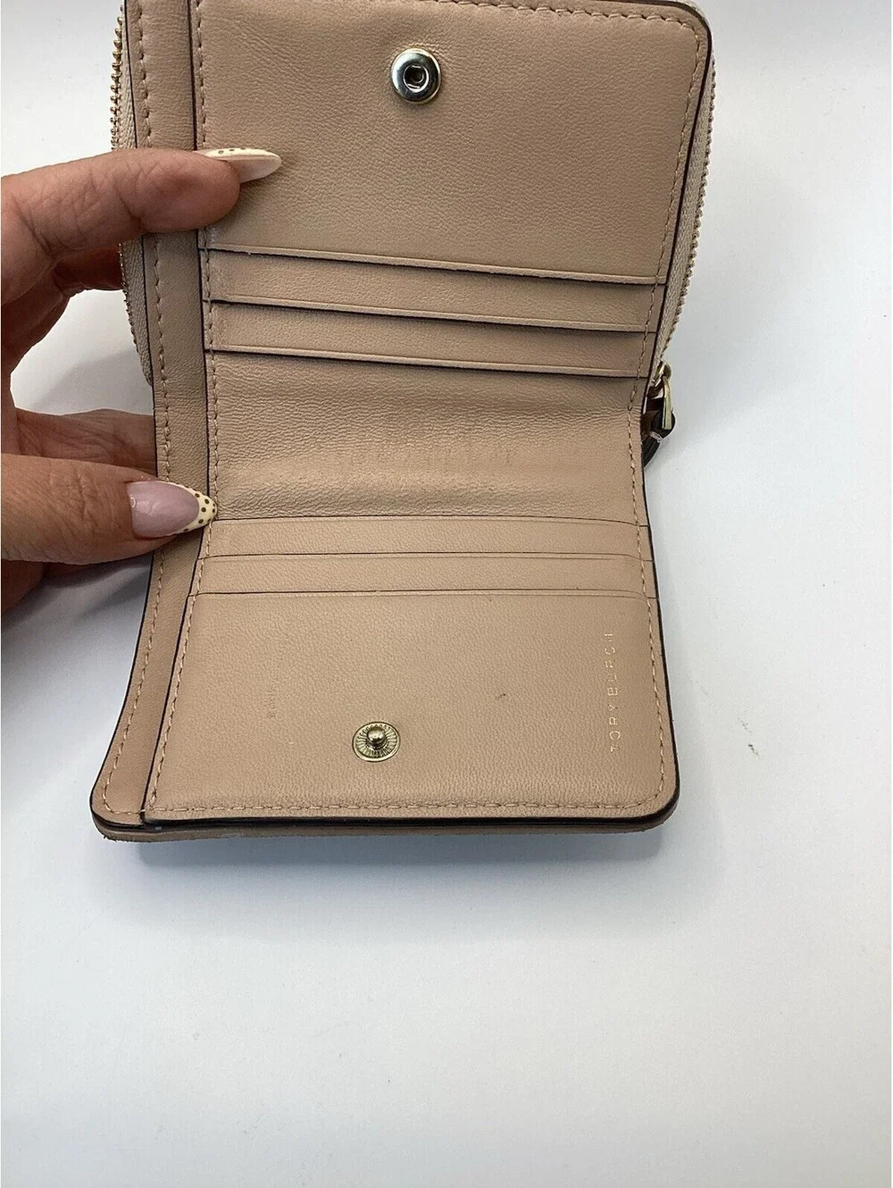 Tory Burch Beige Zip-Around Wallet w/ Logo & Zipper, Credit Card Slots Women